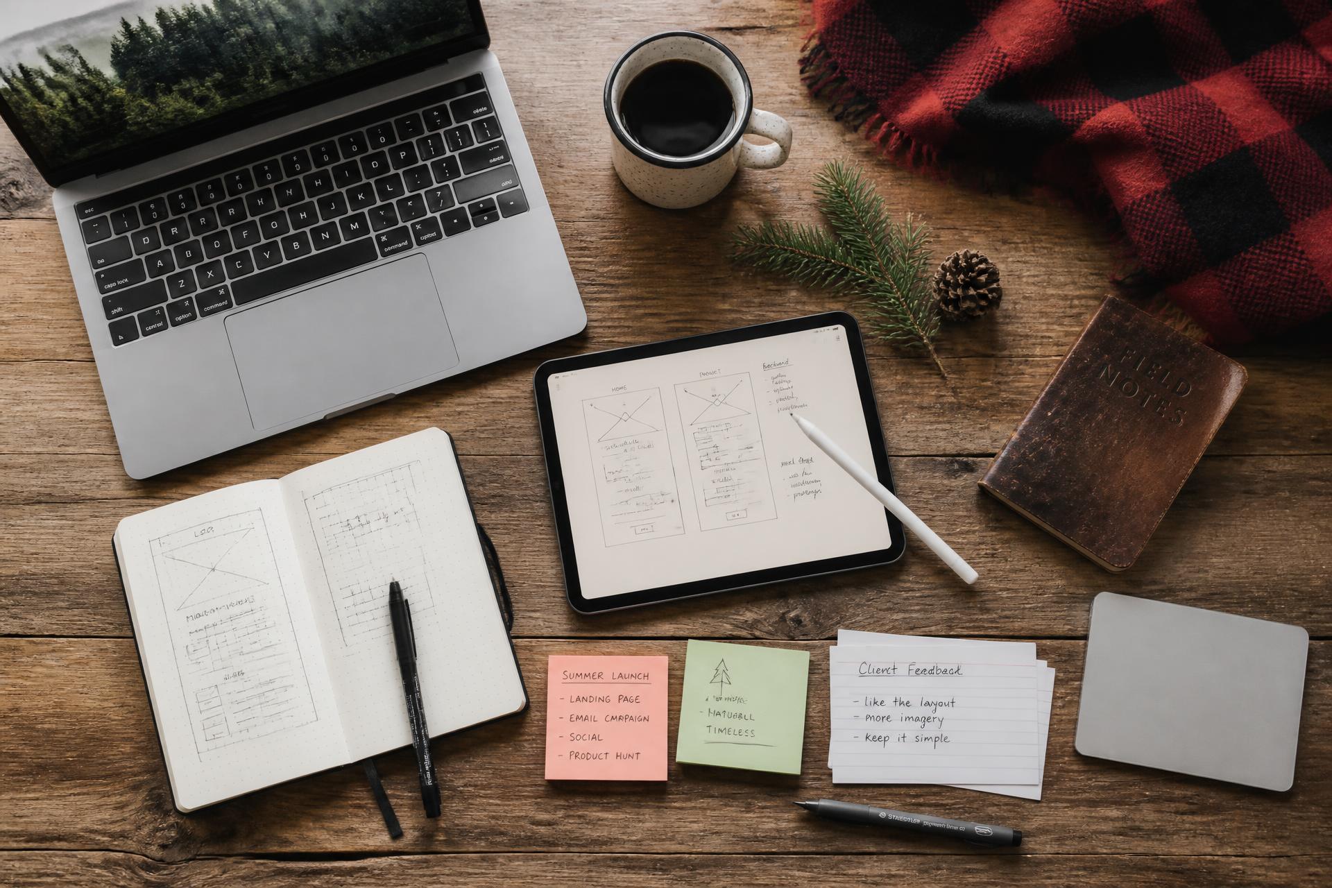 Overhead view of a weathered wood desk with a MacBook, iPad and Apple Pencil, sketchbook of wireframes, sticky notes, an enamel camp mug, a pinecone, balsam sprig and a plaid wool blanket